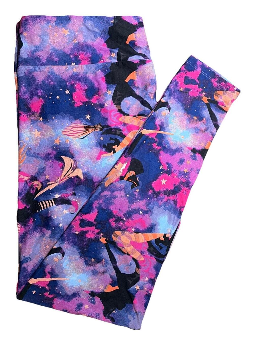 New LuLaRoe Purple & Pink Wicked Witch On Broomstick Leggings Size TC2 (20-26)
